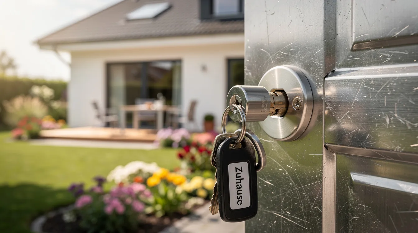 Eine Nahaufnahme eines Haustürschlosses mit einem Schlüsselbund, der in der Tür steckt, während im Hintergrund ein Einfamilienhaus mit einem gepflegten Garten zu sehen ist. Diese Szene könnte Teil eines Übergabeprotokolls für ein Haus sein, das den Zustand der Immobilie dokumentiert.