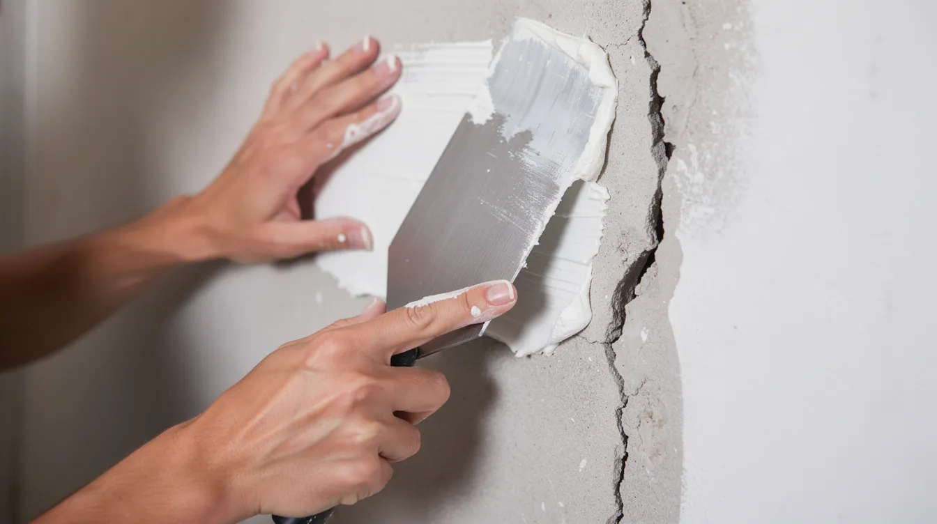 Die Hände eines Malers verarbeiten Spachtelmasse mit einem breiten Spachtel, während sie eine Innenwand mit sichtbarem Riss glätten. Die Szene zeigt die Arbeitsschritte zur Reparatur von Schäden und Unregelmäßigkeiten an der Wandoberfläche.