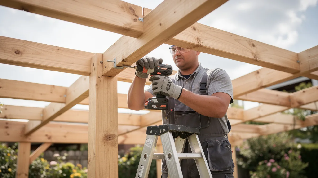 Eine Person schraubt Holzbalken auf einer Pergola-Konstruktion mit einem Akkuschrauber, während sie an einem Projekt zum Selbstbau einer Holzpergola arbeitet. Im Hintergrund sind Pflanzen und eine Terrasse zu sehen, die eine gemütliche Atmosphäre schaffen.