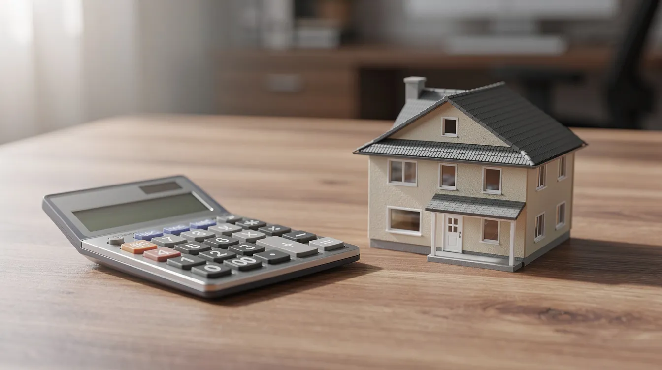 Auf einem Schreibtisch liegt ein Taschenrechner neben einem kleinen Modellhaus, das als Symbol für den Immobilienerwerb steht. Diese Szene könnte potenziellen Käufern helfen, die finanziellen Aspekte eines Mietkaufs zu überblicken, während sie über ihr zukünftiges Eigenheim nachdenken.