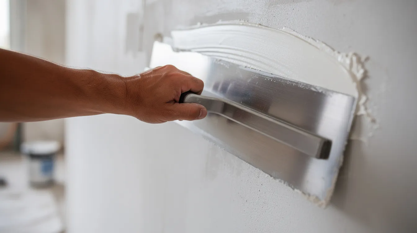 Eine Nahaufnahme zeigt eine Hand, die mit einer breiten Glättkelle Spachtelmasse gleichmäßig auf eine Innenwand aufträgt, um Risse und Löcher zu reparieren und eine glatte Oberfläche zu erzielen. Die Szene vermittelt den Eindruck von präziser Handarbeit und der Vorbereitung für die Gestaltung von Innenwänden.