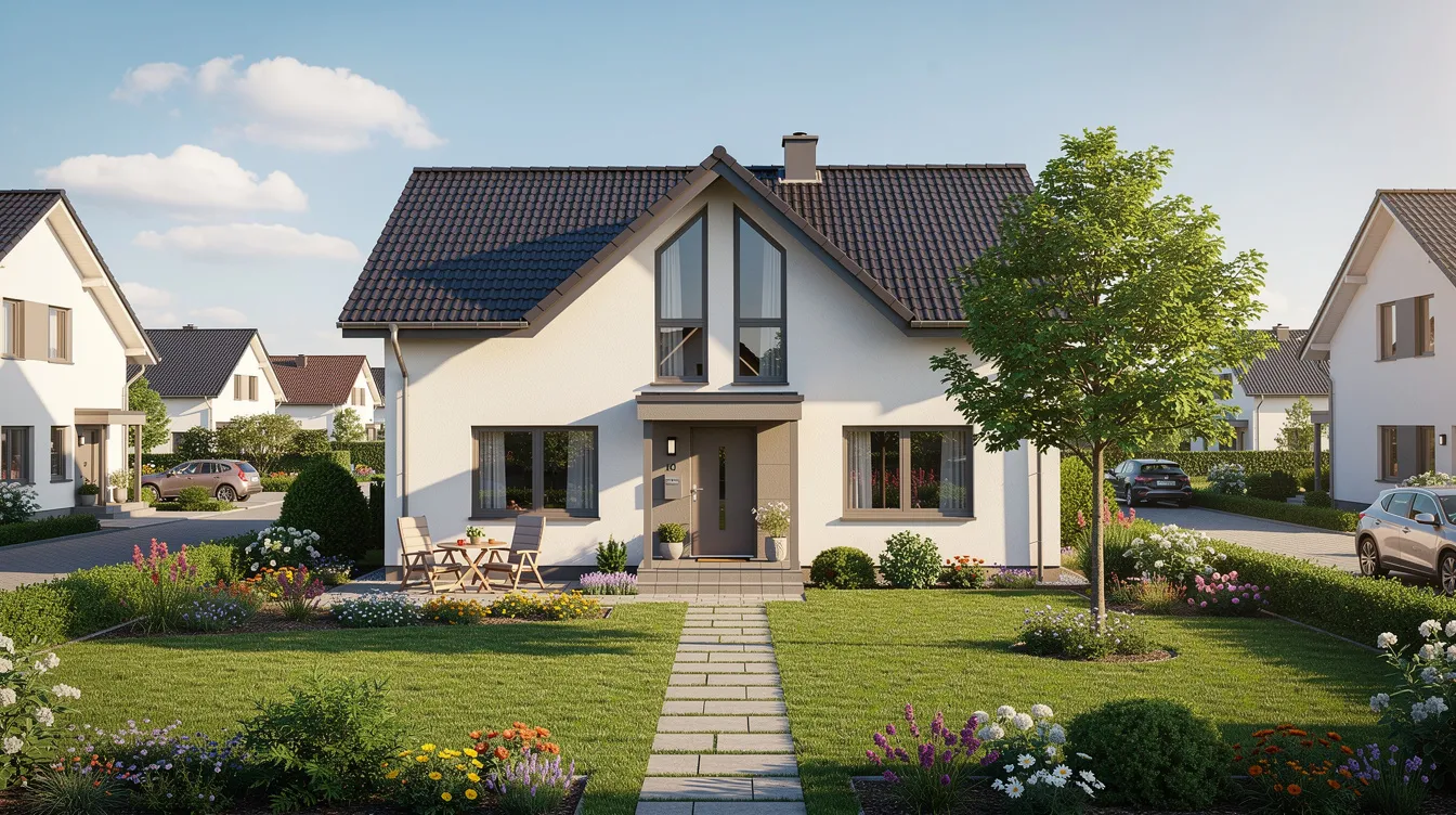 Das Bild zeigt ein einladendes Einfamilienhaus mit einem gepflegten Garten in einer ruhigen Wohnsiedlung, umgeben von Bäumen und Blumen, während die Sonne freundlich scheint. Dieses Traumhaus könnte eine ideale Option für Familien sein, die über Mietkauf nachdenken und ein Eigenheim erwerben möchten.