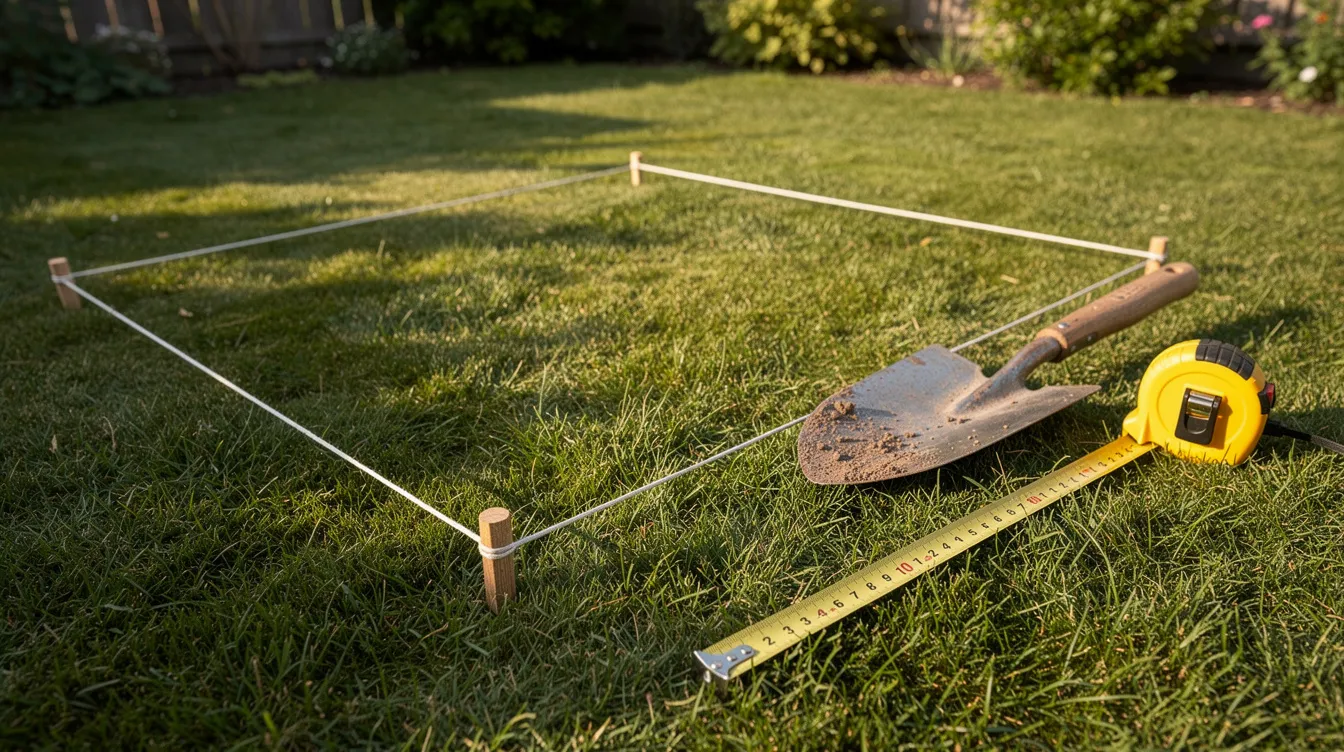 Ein Gartenbereich zeigt eine mit Schnur abgesteckte rechteckige Fläche auf dem Rasen, daneben liegen ein Spaten und ein Maßband. Diese Szene ist ideal für den Bau eines DIY-Sandkastens, wo Kinder später Sandburgen und Sandkuchen kreieren können.