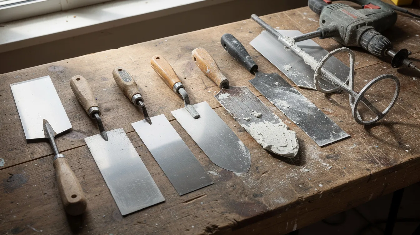 Auf einer Werkbank sind verschiedene Spachtelwerkzeuge und Glättkellen ordentlich angeordnet, neben einem Rührquirl, ideal für die Verarbeitung von Spachtelmasse zur Reparatur von Rissen und Löchern in Innenwänden. Diese Werkzeuge sind essenziell für das Glätten von Oberflächen und die Ausführung von Spachtelarbeiten im Trockenbau.