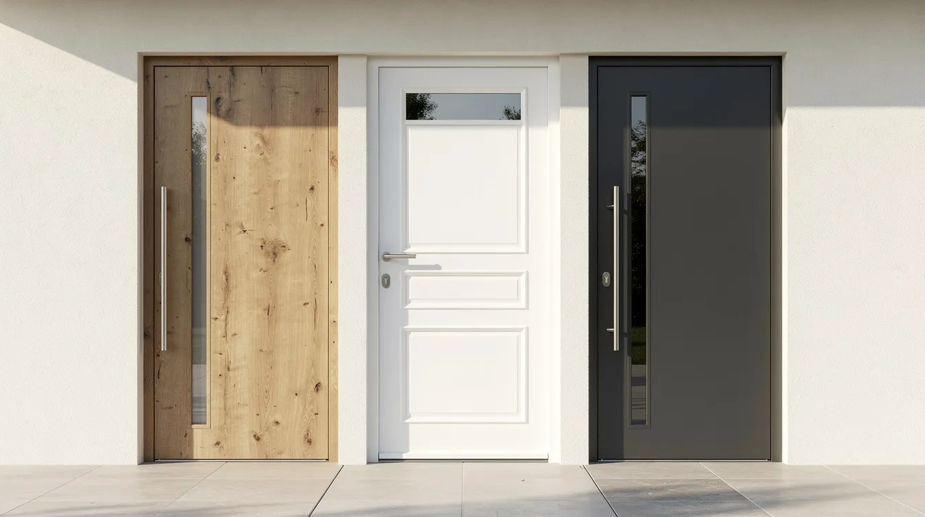 Das Bild zeigt moderne Eingangstüren aus verschiedenen Materialien nebeneinander an einer hellen Hausfassade. Links befindet sich eine Holzhaustür, in der Mitte eine weiße Kunststofftür und rechts eine anthrazitfarbene Aluminiumtür, die verschiedene Stil- und Materialoptionen für Hausbesitzer präsentiert.