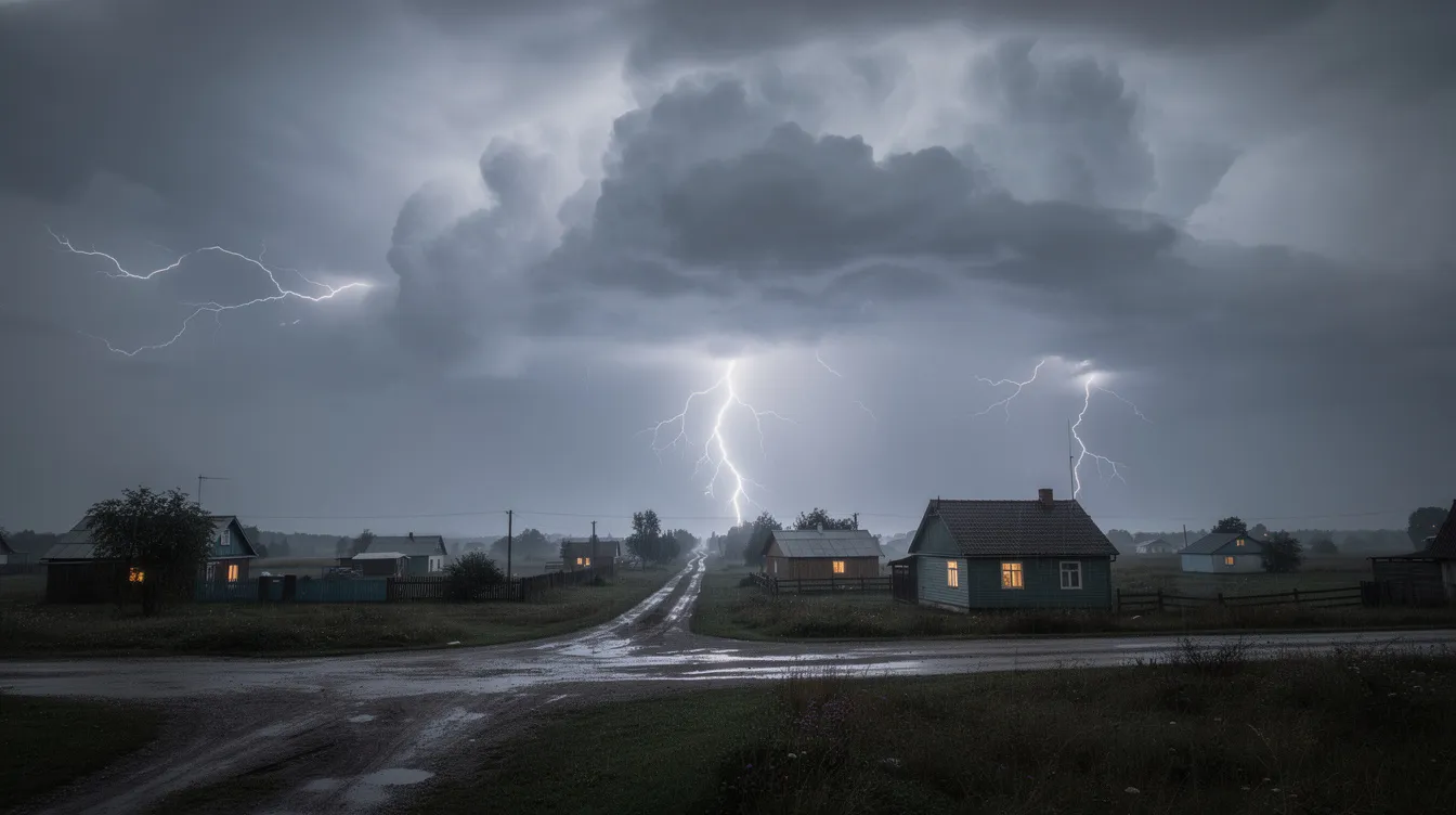 Ein dramatisches Gewitter mit zahlreichen Blitzen erhellt den Himmel über einer ländlichen Siedlung, in der vereinzelte Häuser stehen. Die Gebäude sind möglicherweise mit Blitzschutzanlagen ausgestattet, um das Risiko von Blitzschlägen und Überspannungsschäden zu minimieren.