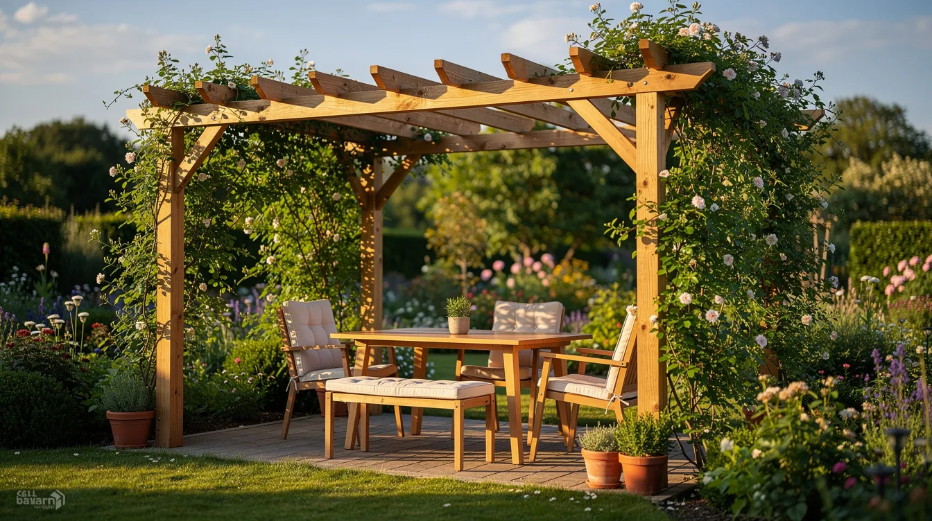 Eine Holzpergola steht in einem sommerlichen Garten, umgeben von üppigen Kletterpflanzen an den Seiten. Unter der Pergola befinden sich gemütliche Gartenmöbel, die einen einladenden Rückzugsort für entspannte Stunden im Freien bieten.