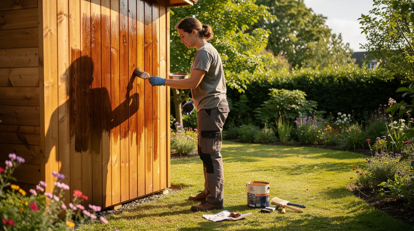 Eine Person streicht eine Holzwand eines Gartenhauses mit Lasur, um das DIY-Projekt im sommerlichen Garten zu vervollständigen. Im Hintergrund sind grüne Pflanzen und Blumen zu sehen, die eine einladende Atmosphäre schaffen.