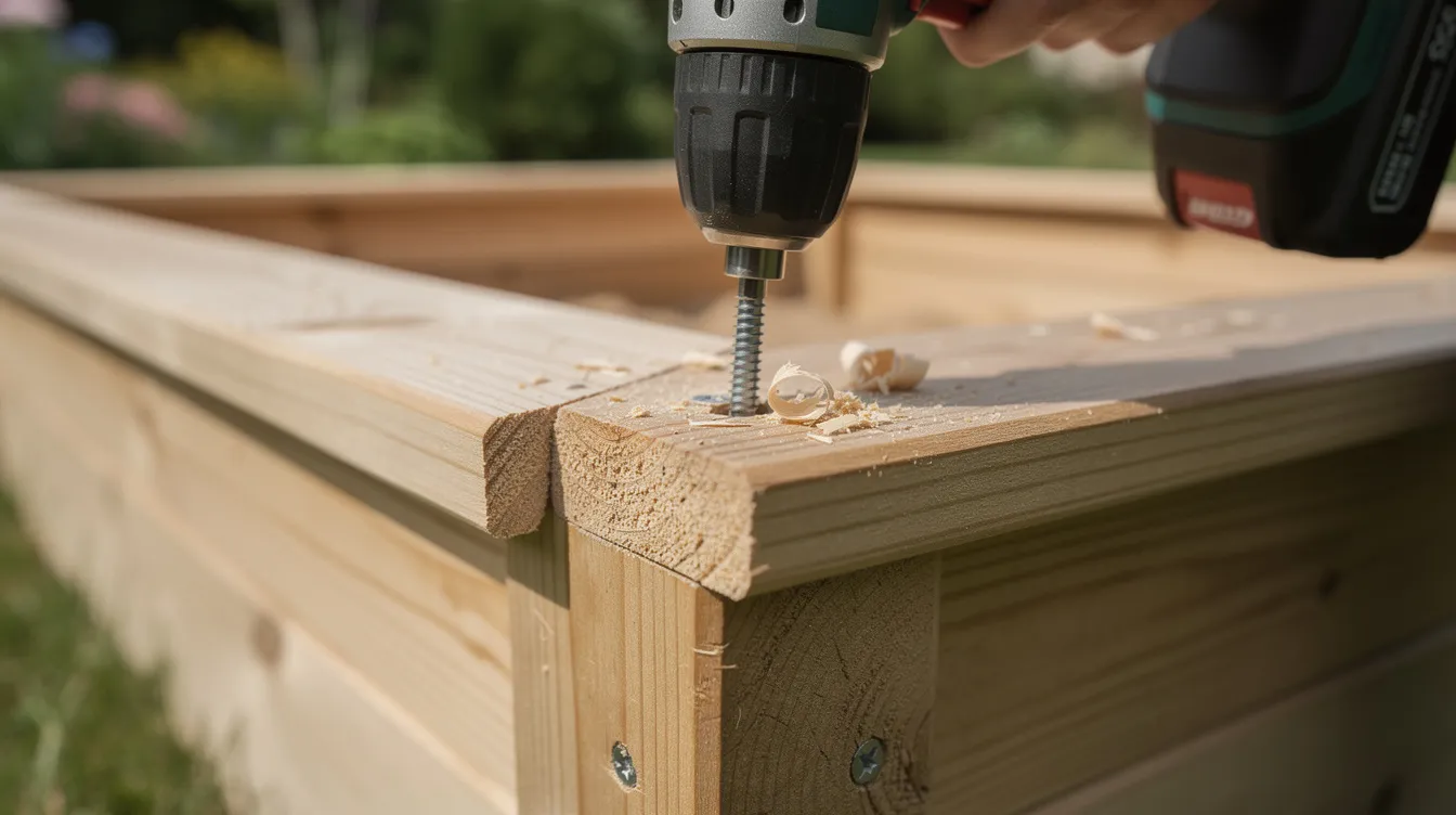 Eine Nahaufnahme zeigt einen hölzernen Sandkastenrahmen, der mit einem Akkuschrauber zusammengebaut wird. Diese DIY-Anleitung veranschaulicht den Bau eines stabilen Sandkastens für Kinder, ideal für ein Spielparadies im Garten.