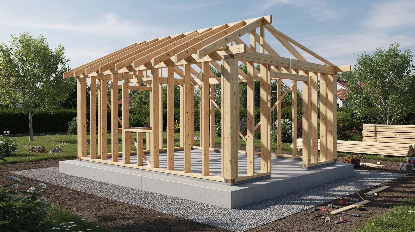 Die Holzrahmenkonstruktion eines Gartenhauses wird auf einem stabilen Betonfundament aufgebaut, wobei die Wände und das Dach bereits teilweise montiert sind. Dieses DIY-Projekt bietet eine schrittweise Anleitung für Heimwerker, die ihr eigenes Gartenhaus selber bauen möchten.