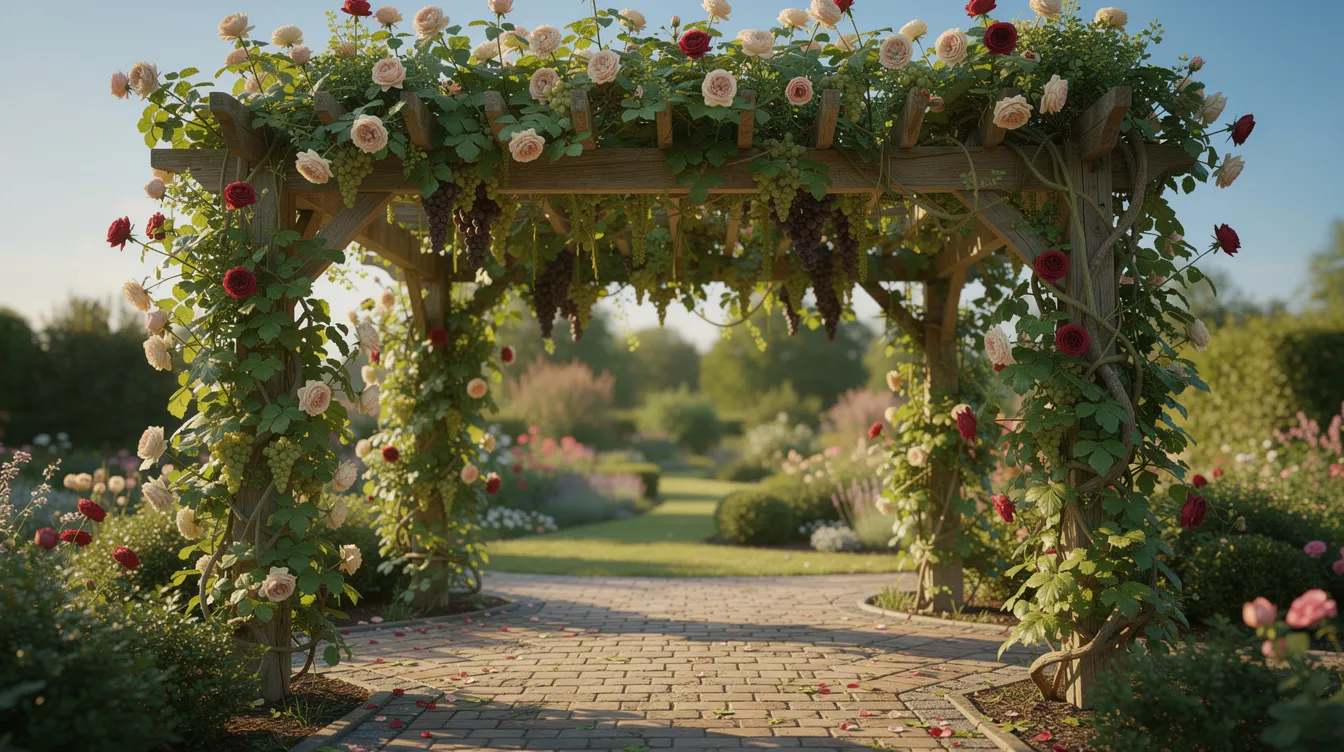 Die bildliche Darstellung zeigt eine üppig bewachsene Holzpergola, die im Sommer mit grünen Weinreben und blühenden Kletterrosen geschmückt ist. Diese Pergola bietet einen schattigen Rückzugsort auf der Terrasse und ist eine ideale Rankhilfe für Pflanzen.