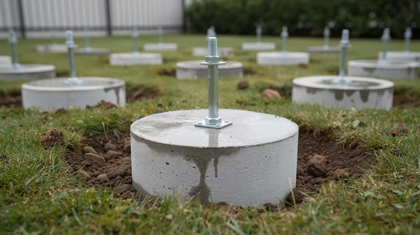 Das Bild zeigt frisch gegossene Punktfundamente aus Beton, die auf einer Rasenfläche liegen und mit eingelassenen Pfostenankern versehen sind. Diese Fundamente sind ein wichtiger Schritt beim Bau eines Gartenhauses oder Geräteschuppens und dienen als stabile Basis für die Montage der Wände.