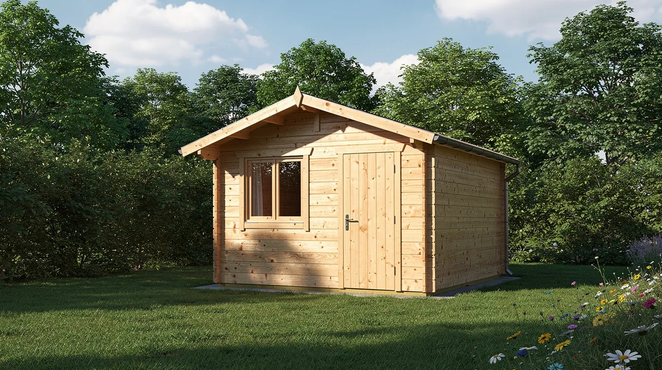 Ein kleines Gartenhaus aus Holz steht in einem grünen Garten, umgeben von Bäumen und einer gepflegten Rasenfläche. Dieses DIY-Gartenhaus bietet einen idealen Rückzugsort und Stauraum für Gartengeräte.