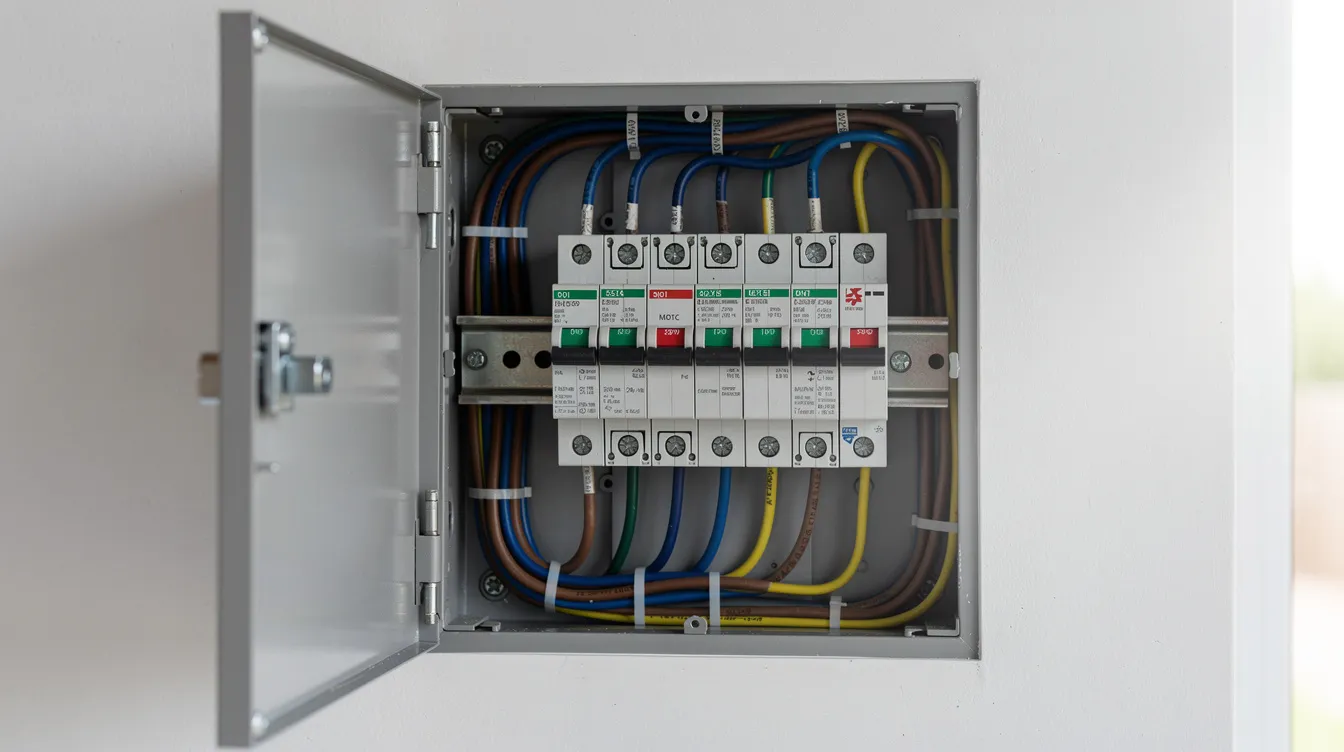 Das Bild zeigt einen geöffneten Sicherungskasten in einem Haus, der mit Überspannungsschutzmodulen ausgestattet ist. Diese Module dienen als Blitzschutzanlage, um elektrische Geräte vor Schäden durch Blitzeinschläge und Überspannungen zu schützen.