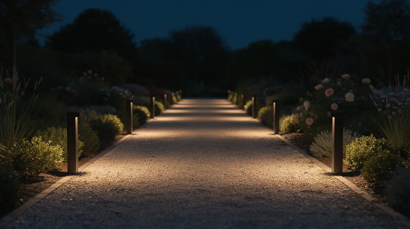 Ein schmaler Gartenweg bei Nacht, gesäumt von kleinen Pollerleuchten, die warmes Licht auf den Kiesweg werfen. Die Außenbeleuchtung schafft eine einladende Atmosphäre und betont die Schönheit des Außenbereichs.