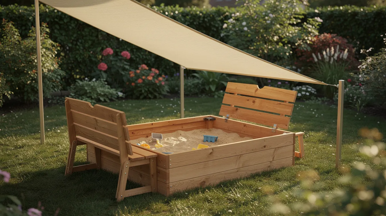 Das Bild zeigt einen Sandkasten aus Holz mit einem aufgeklappten Deckel, der als Sitzbank dient. Über dem Sandkasten ist ein gespanntes Sonnensegel angebracht, das Schatten bietet, während Kinder im Garten spielen und Sandburgen bauen können.