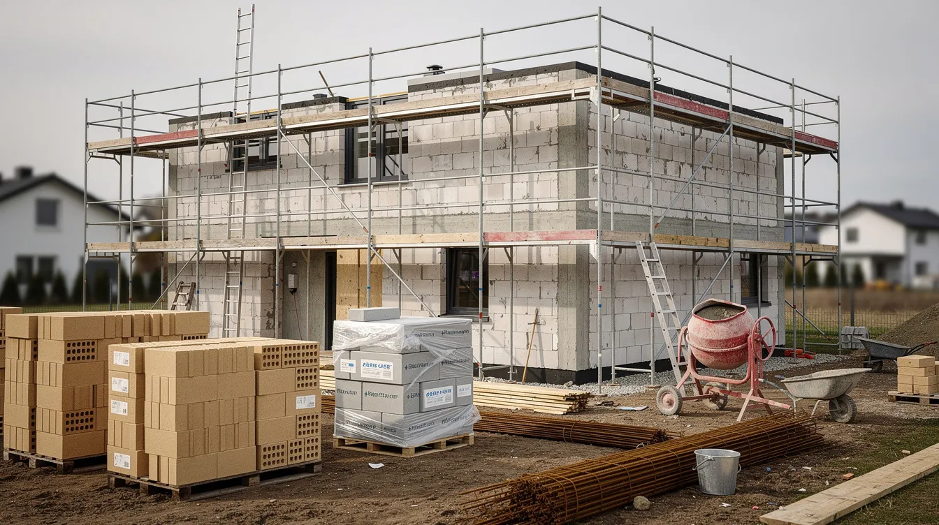 Auf der Baustelle eines Einfamilienhauses im Rohbaustadium sind ein Gerüst sowie verschiedene Baumaterialien sichtbar. Diese Szene gibt einen Überblick über die laufenden Arbeiten und die damit verbundenen Hausbaukosten, die beim Hausbau eine wichtige Rolle spielen.
