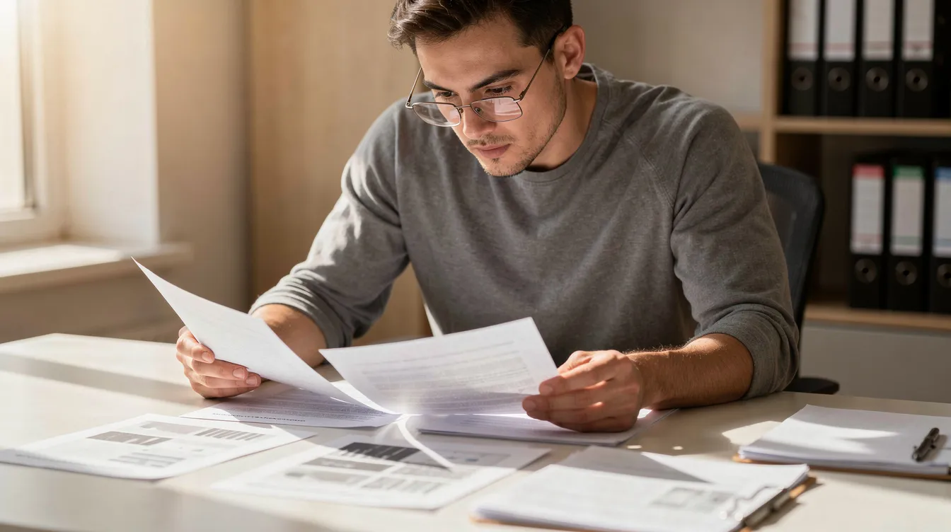 Eine Person sitzt an einem Schreibtisch und prüft konzentriert Dokumente, während sie eine Lesebrille trägt. Auf dem Tisch liegen verschiedene Unterlagen, die möglicherweise mit dem Thema Mietkauf oder Immobilienfinanzierung zu tun haben.